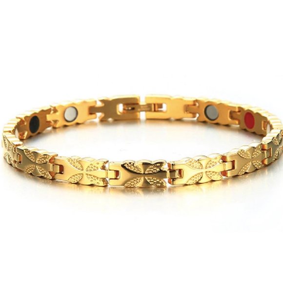 8" inch Magnetic Stainless Steel Bracelet For Women. Gold Tone Flower Design. - Picture 2 of 4